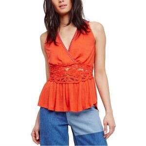 Free People Megan Embroidered Peplum Tank SZ S red
